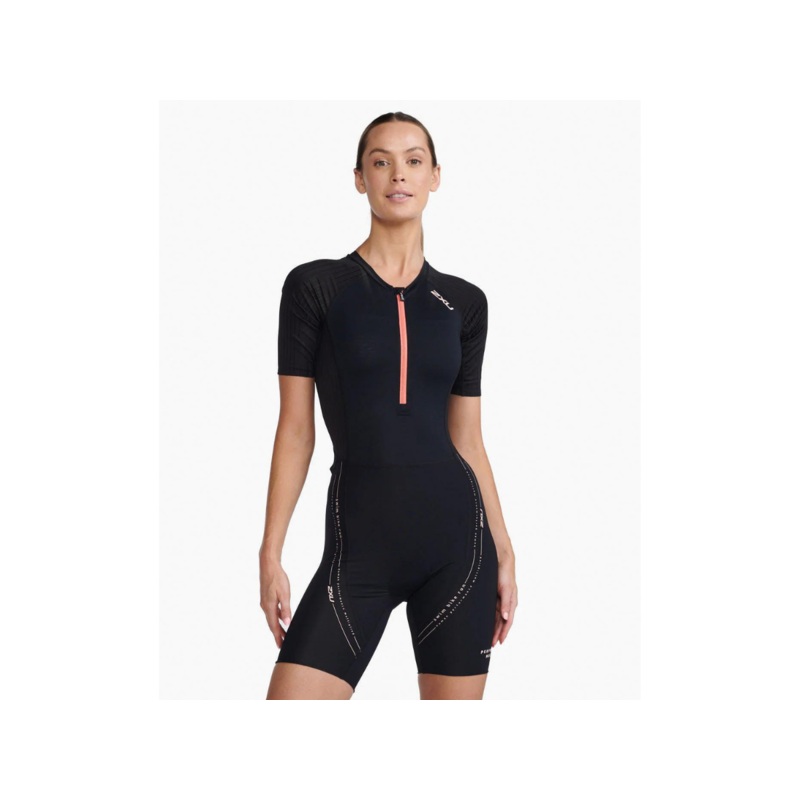 2XU Womens Aero Sleeved Trisuit – Black-Hyper Coral